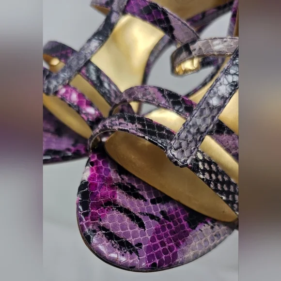 Coach Hayden Leather Violet Pink Blk Python Print Open Toe T-Strap Heels Size 7B - Picture 4 of 16
